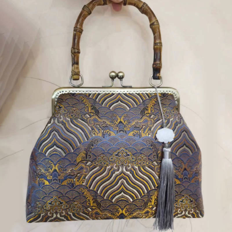 Bolsos de Mano Cruzados con Cadenas de Metal, Mango de Bambú, Líneas Plateadas y Piedras de Buda