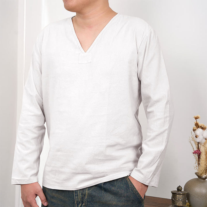 Camiseta de hombre de lino y algodón de manga larga con cuello en V de color sólido con Buddha Stones