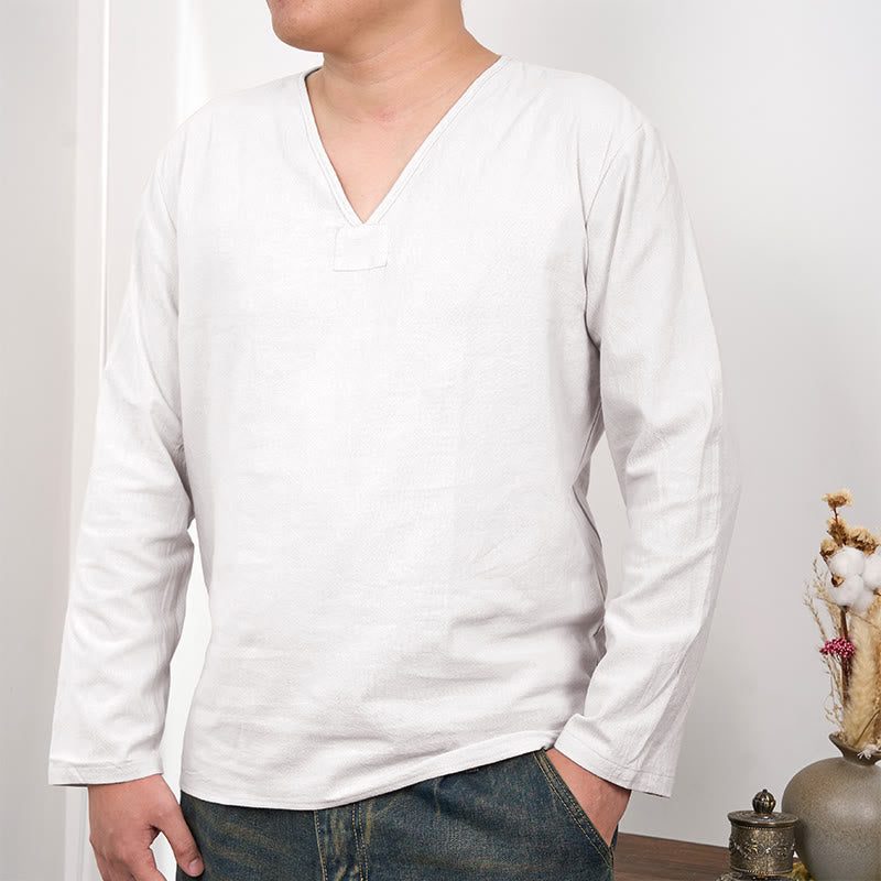 Camiseta de hombre de lino y algodón de manga larga con cuello en V de color sólido con Buddha Stones - Blanco - US/UK/AU46, EU56 (3XL) - image 1