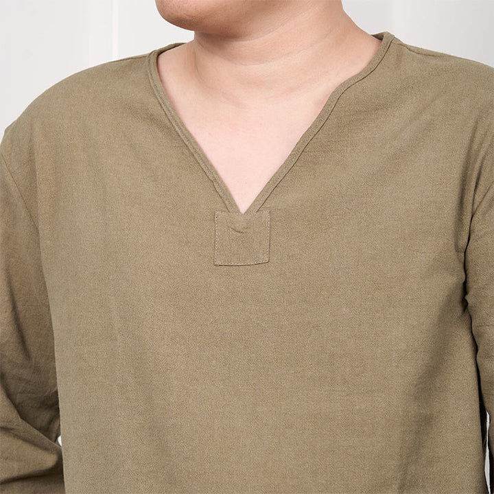 Camiseta de hombre de lino y algodón de manga larga con cuello en V de color sólido con Buddha Stones