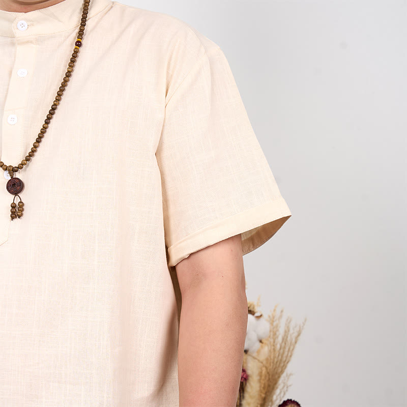Buddha Stones Camisa de lino de algodón con medio botón de manga corta de color liso para hombre - image 1