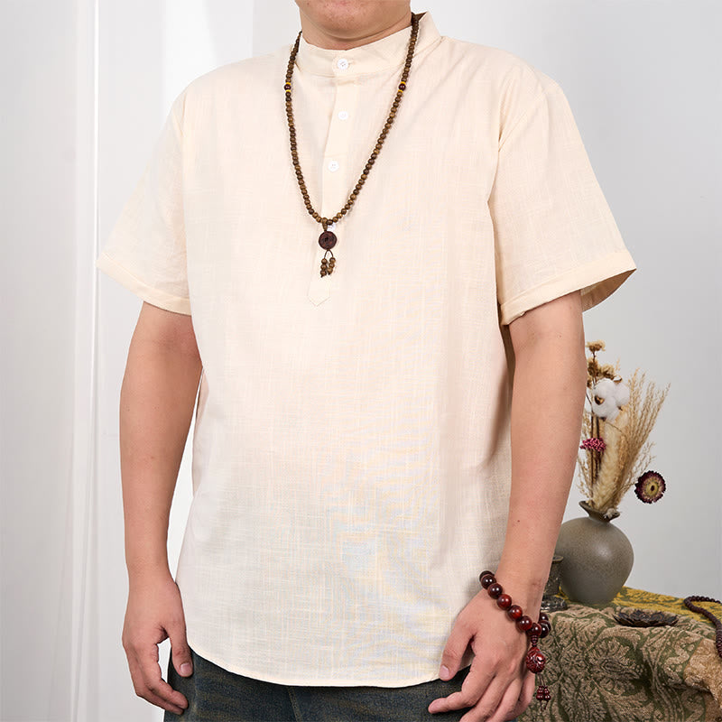 Buddha Stones Camisa de lino de algodón con medio botón de manga corta de color liso para hombre - Mocasín - US/UK/AU44，EU54 (3XL) - image 0