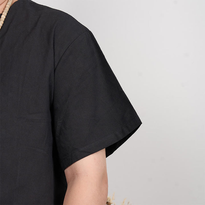 Buddha Stones Camisa de lino y algodón con botones de manga corta para hombre