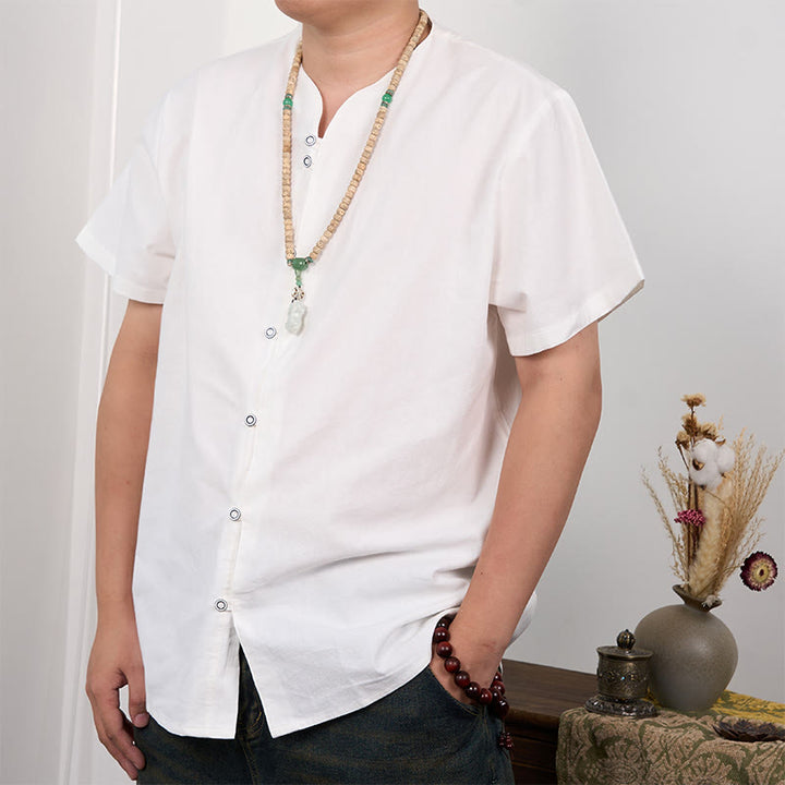 Buddha Stones Camisa de lino y algodón con botones de manga corta para hombre