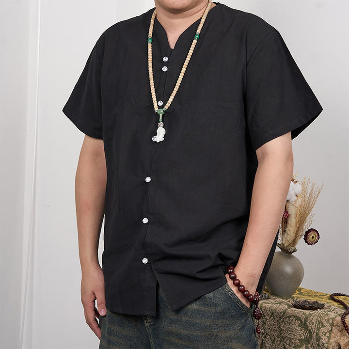 Buddha Stones Camisa de lino y algodón con botones de manga corta para hombre