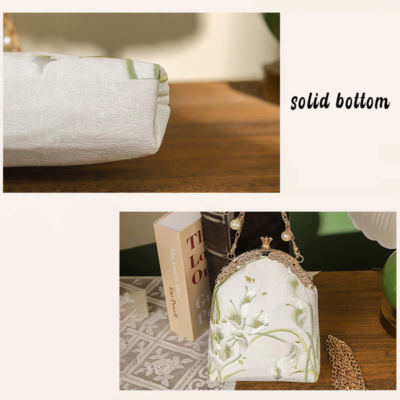 Bolso de mano con asa de metal bordado de calas y piedras de Buda, bolso bandolera