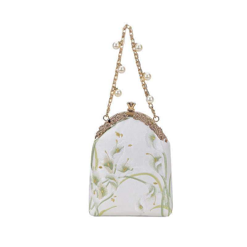 Bolso de mano con asa de metal bordado de calas y piedras de Buda, bolso bandolera