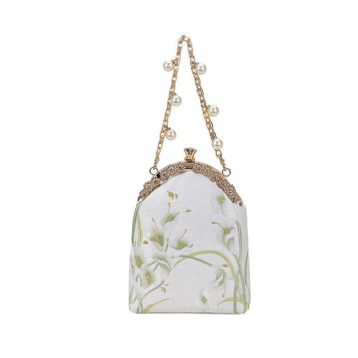 Bolso de mano con asa de metal bordado de calas y piedras de Buda, bolso bandolera