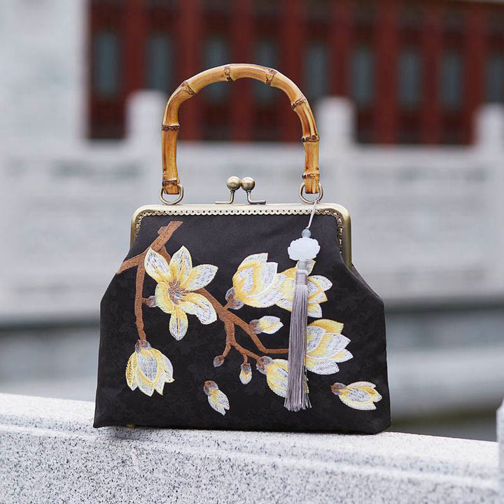 Bolso de mano con asa de bambú, bordado de ciruela y piedras de Buda, bolso bandolera