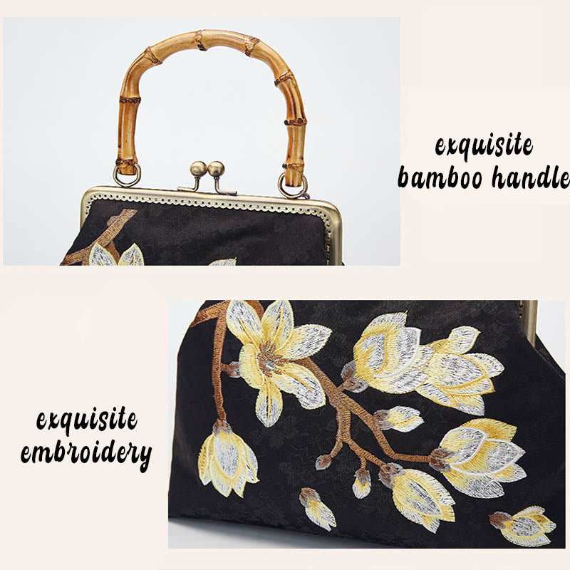 Bolso de mano con asa de bambú, bordado de ciruela y piedras de Buda, bolso bandolera