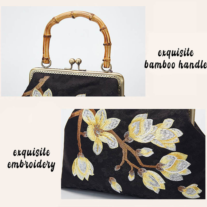 Bolso de mano con asa de bambú, bordado de ciruela y piedras de Buda, bolso bandolera