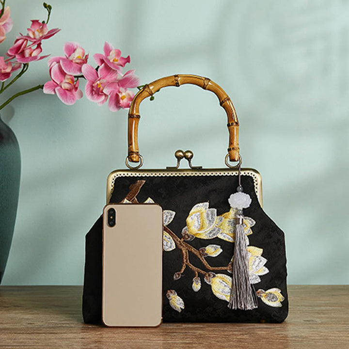 Bolso de mano con asa de bambú, bordado de ciruela y piedras de Buda, bolso bandolera