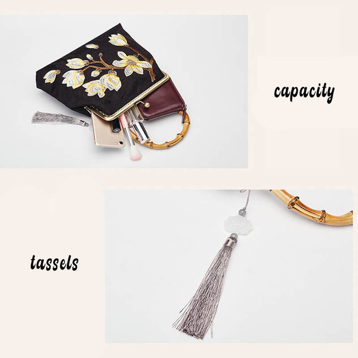 Bolso de mano con asa de bambú, bordado de ciruela y piedras de Buda, bolso bandolera