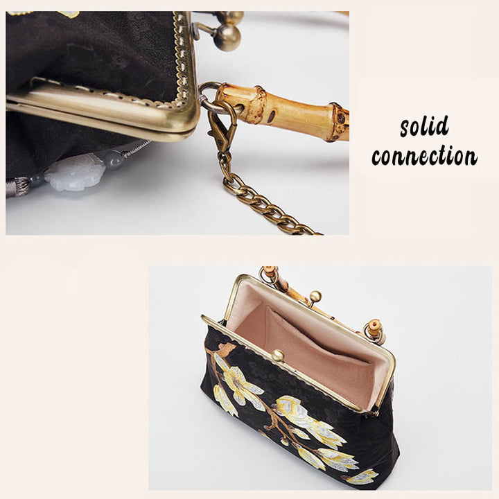 Bolso de mano con asa de bambú, bordado de ciruela y piedras de Buda, bolso bandolera