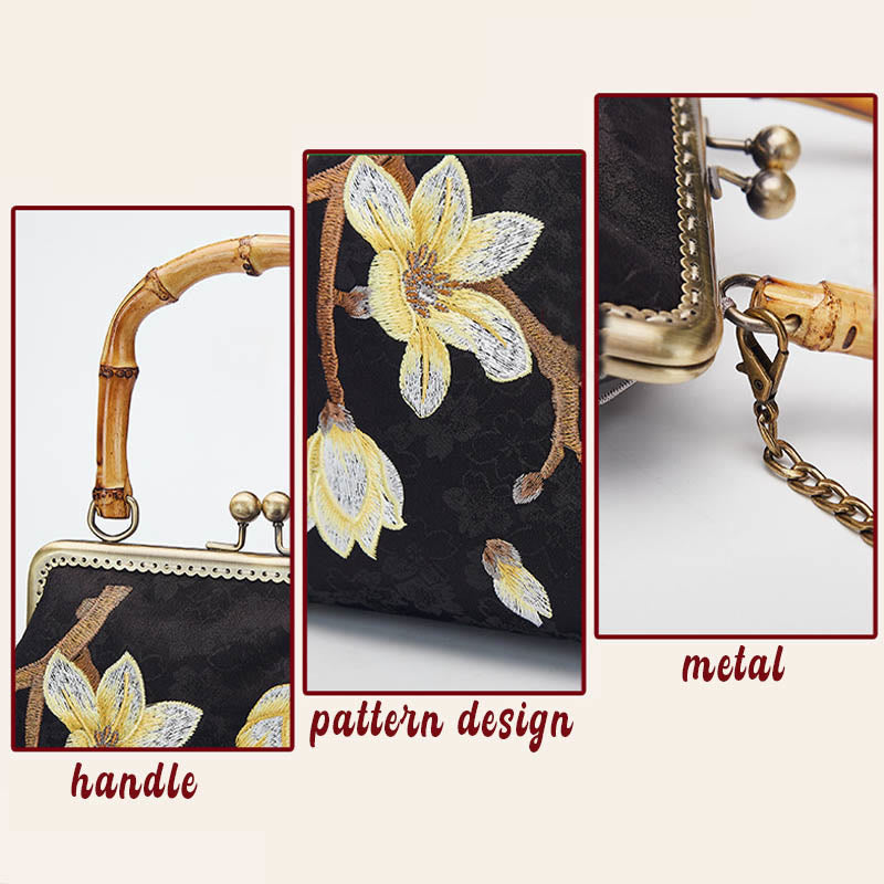 Bolso de mano con asa de bambú, bordado de ciruela y piedras de Buda, bolso bandolera