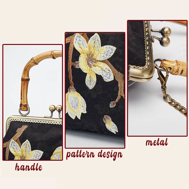 Bolso de mano con asa de bambú, bordado de ciruela y piedras de Buda, bolso bandolera
