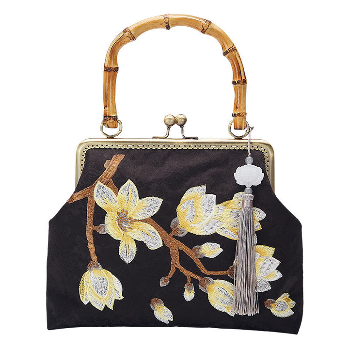 Bolso de mano con asa de bambú, bordado de ciruela y piedras de Buda, bolso bandolera