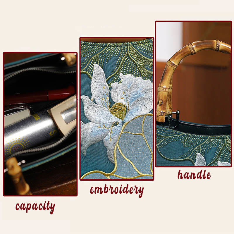 Bolso de mano con asa de bambú y bordado de loto y piedras de Buda