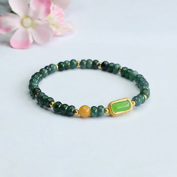 Buddha Stones Pulsera de la suerte de jade verde natural y topacio