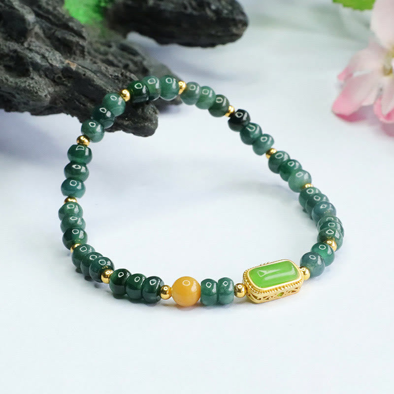 Buddha Stones Pulsera de la suerte de jade verde natural y topacio