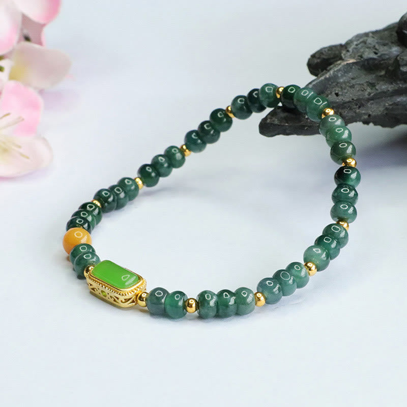Buddha Stones Pulsera de la suerte de jade verde natural y topacio