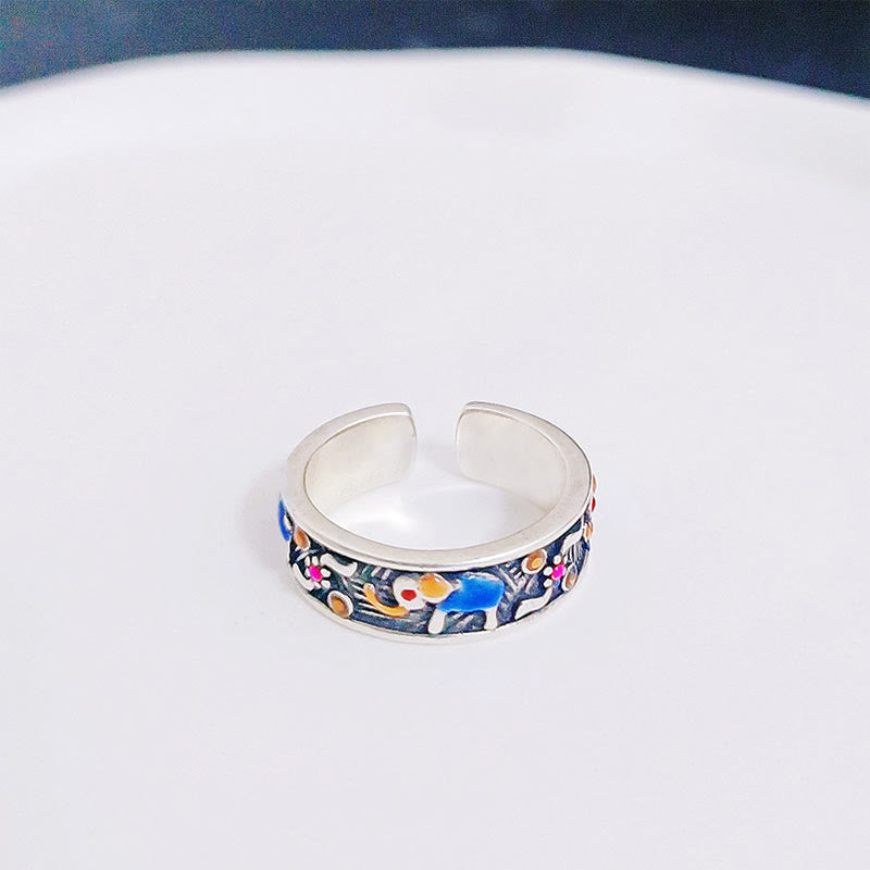 Anillo ajustable de fuerza con elefante tallado colorido de Buddha Stones