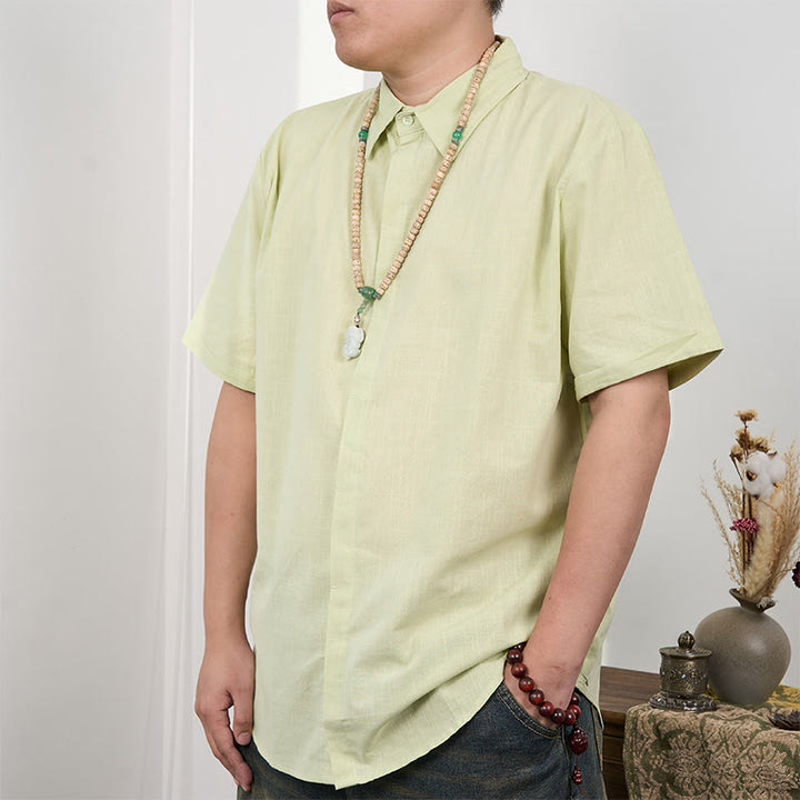 Buddha Stones Camisa casual de lino y algodón con botones de manga corta para hombre - Verde claro - US/UK/AU44，EU54 (3XL) - image 12
