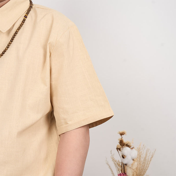 Buddha Stones Camisa casual de lino y algodón con botones de manga corta para hombre - image 9