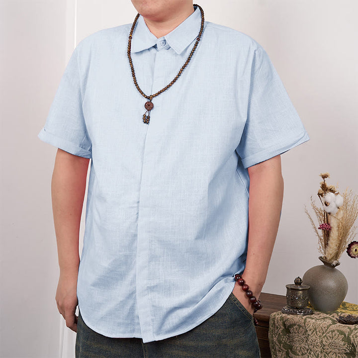 Buddha Stones Camisa casual de lino y algodón con botones de manga corta para hombre - Azul cielo claro - US/UK/AU44，EU54 (3XL) - image 15