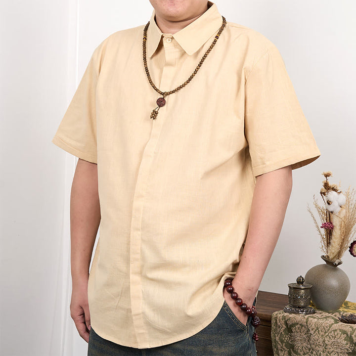 Buddha Stones Camisa casual de lino y algodón con botones de manga corta para hombre - Trigo - US/UK/AU44，EU54 (3XL) - image 6