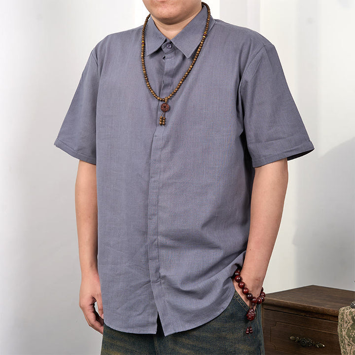 Buddha Stones Camisa casual de lino y algodón con botones de manga corta para hombre - Gris oscuro - US/UK/AU44，EU54 (3XL) - image 0