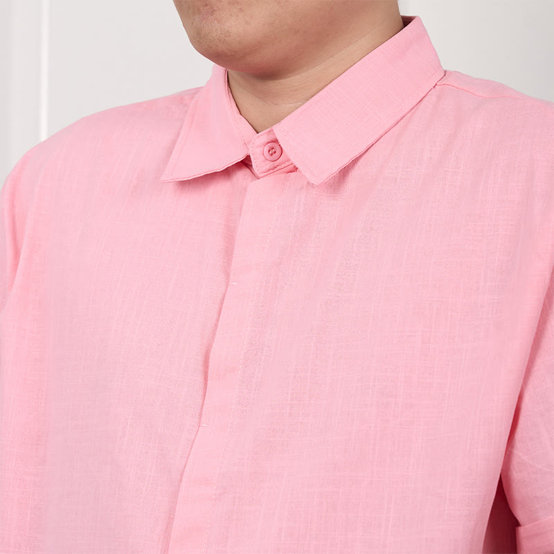 Buddha Stones Camisa casual de lino y algodón con botones de manga corta para hombre - image 11