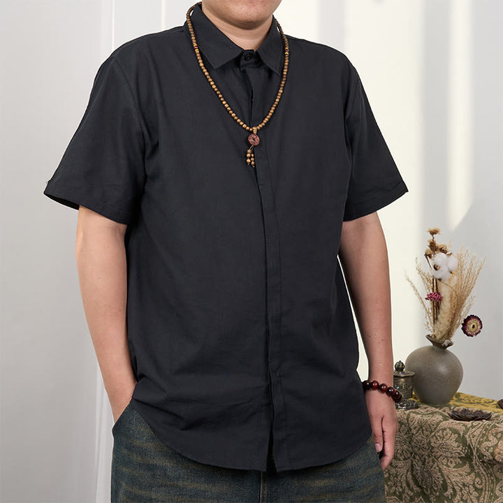Buddha Stones Camisa casual de lino y algodón con botones de manga corta para hombre - Negro - US/UK/AU44，EU54 (3XL) - image 2