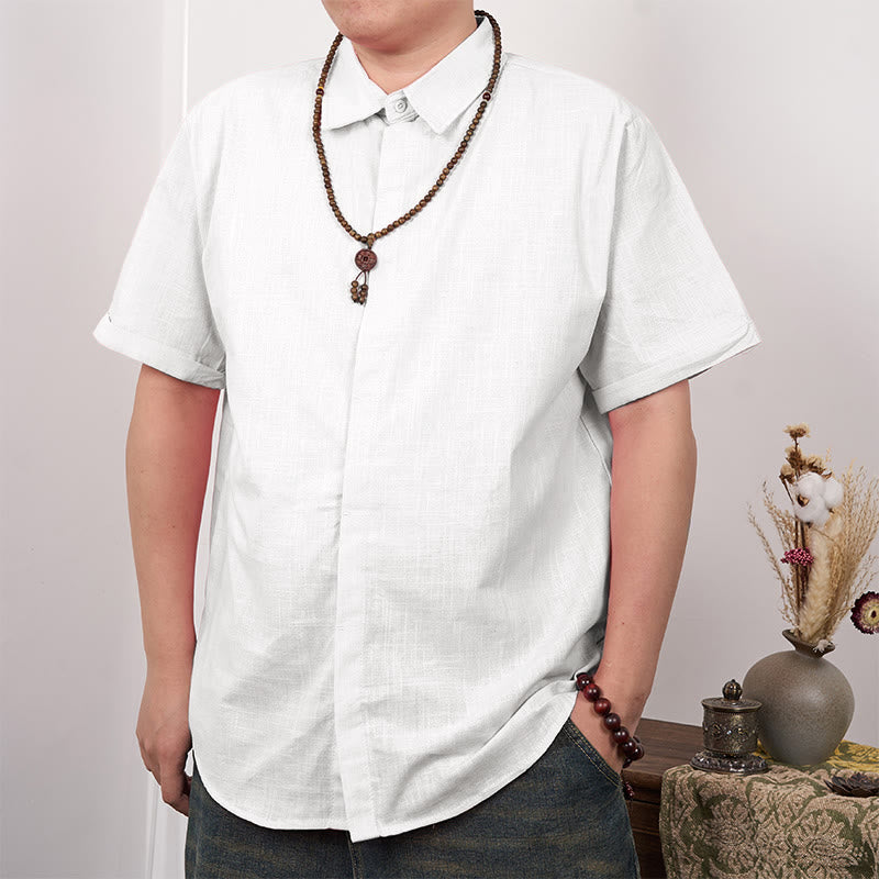 Buddha Stones Camisa casual de lino y algodón con botones de manga corta para hombre - Blanco - US/UK/AU44，EU54 (3XL) - image 1