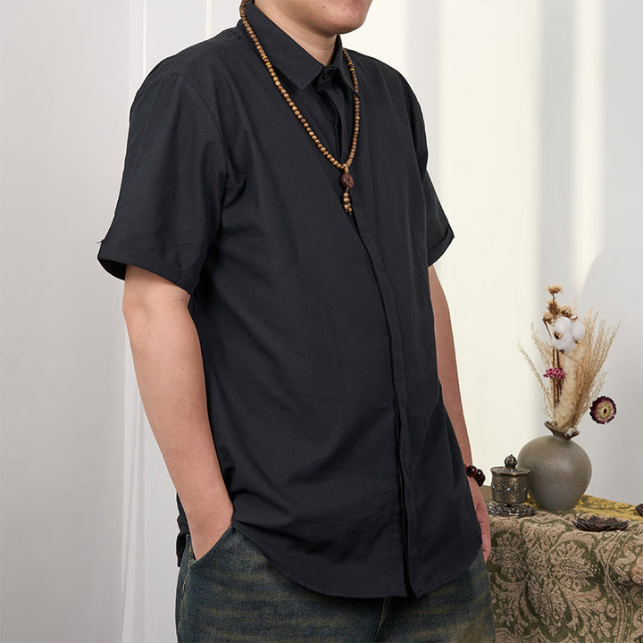 Buddha Stones Camisa casual de lino y algodón con botones de manga corta para hombre - image 3