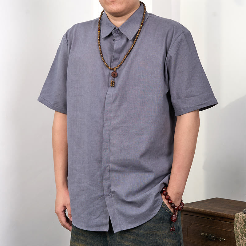 Buddha Stones Camisa casual de lino y algodón con botones de manga corta para hombre - Gris oscuro - US/UK/AU44，EU54 (3XL) - image 0