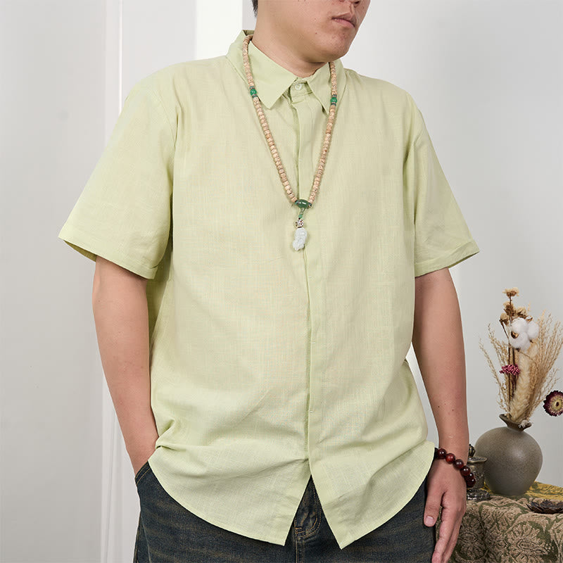Buddha Stones Camisa casual de lino y algodón con botones de manga corta para hombre - image 13