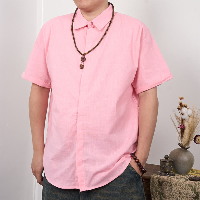 Buddha Stones Camisa casual de lino y algodón con botones de manga corta para hombre - Rosa - US/UK/AU44，EU54 (3XL) - image 10
