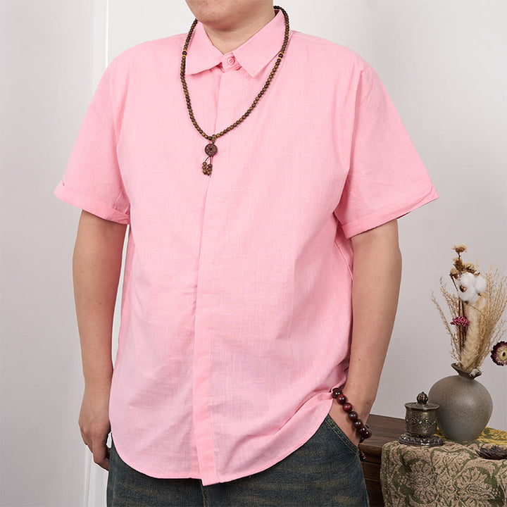 Buddha Stones Camisa casual de lino y algodón con botones de manga corta para hombre - Rosa - US/UK/AU44，EU54 (3XL) - image 10
