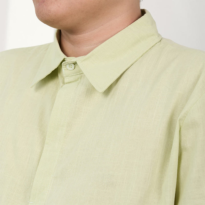 Buddha Stones Camisa casual de lino y algodón con botones de manga corta para hombre - image 14