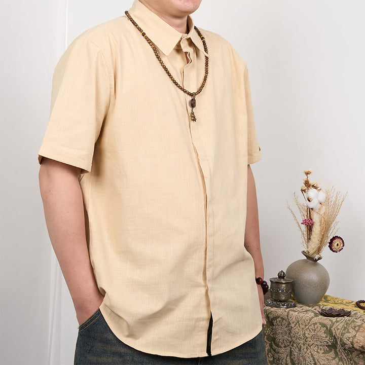 Buddha Stones Camisa casual de lino y algodón con botones de manga corta para hombre - image 7