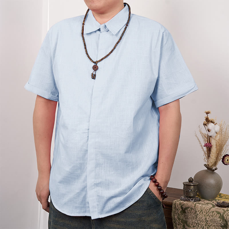 Buddha Stones Camisa casual de lino y algodón con botones de manga corta para hombre - Azul celeste claro - US/UK/AU44，EU54 (3XL) - image 15