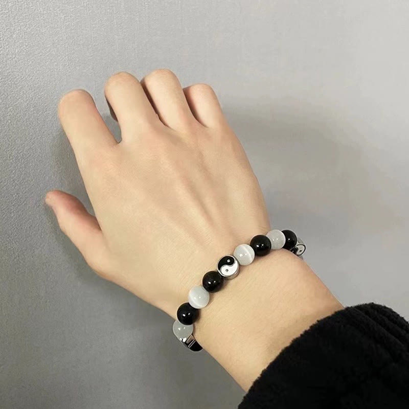 Pulsera de fuerza de purificación Yin Yang de ojo de gato de obsidiana negra con Buddha Stones