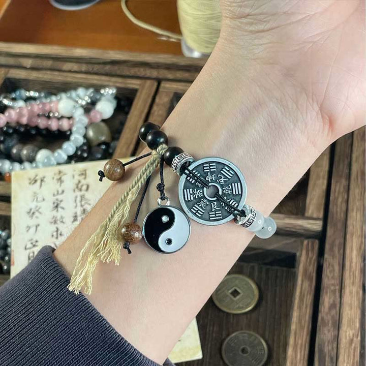 Pulsera de cuerda con soporte para monedas Yin Yang, madera de ébano, ojo de gato, Buddha Stones - image 3