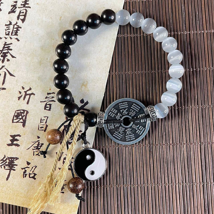 Pulsera de cuerda con soporte para monedas Yin Yang, madera de ébano, ojo de gato, Buddha Stones - image 2