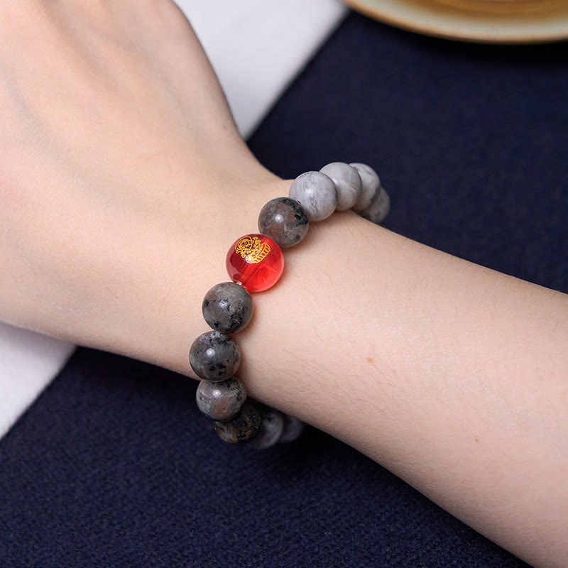 Pulsera positiva de jaspe Picasso con cuentas Dzi tibetanas de nueve ojos con Buddha Stones