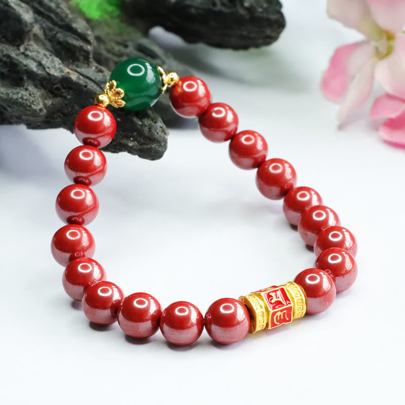 Buddha Stones Pulsera de Cuarzo Natural de Cinabrio Verde Ágata con el Patrón de Om Mani Padme Hum Bendición