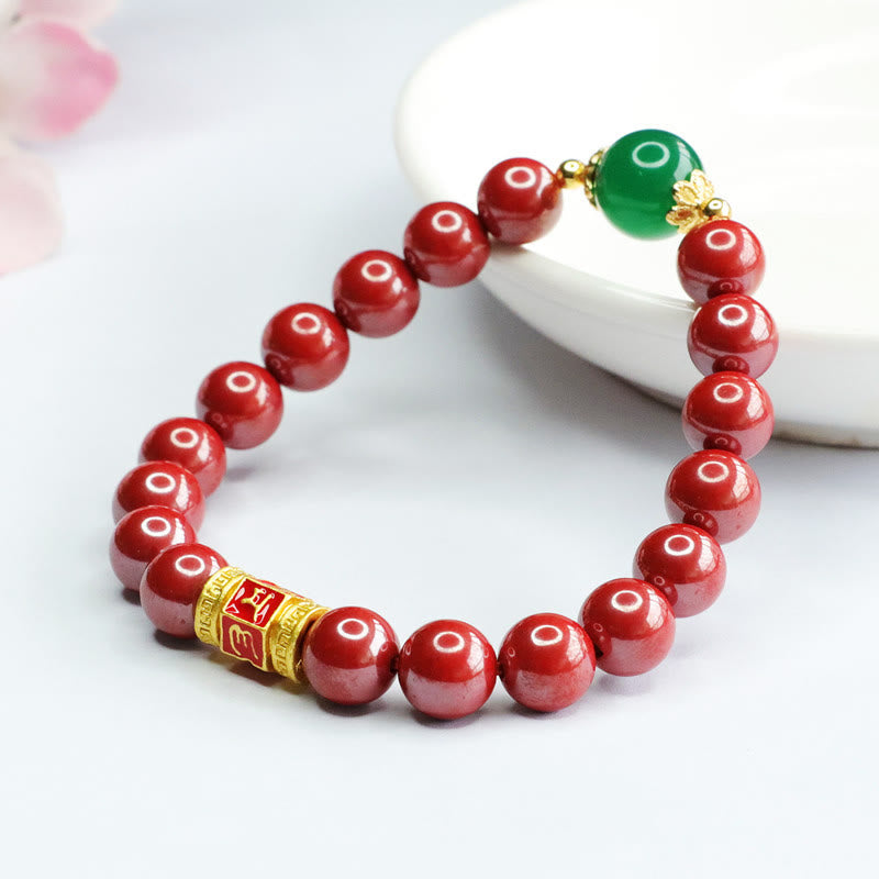 Buddha Stones Pulsera de Cuarzo Natural de Cinabrio Verde Ágata con el Patrón de Om Mani Padme Hum Bendición