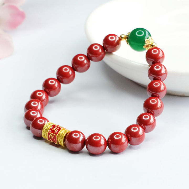Buddha Stones Pulsera de Cuarzo Natural de Cinabrio Verde Ágata con el Patrón de Om Mani Padme Hum Bendición