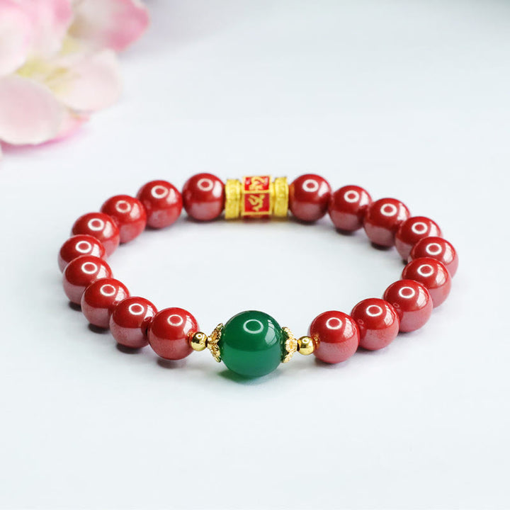 Buddha Stones Pulsera de Cuarzo Natural de Cinabrio Verde Ágata con el Patrón de Om Mani Padme Hum Bendición